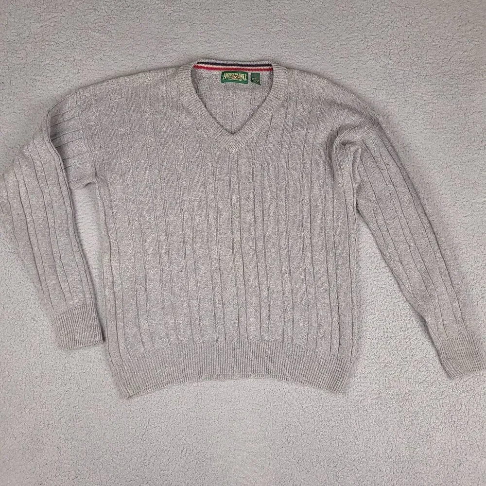 Vintage American Eagle Sweater Mens XL Gray Cable Knit V-Neck‎ Pullover Preppy
